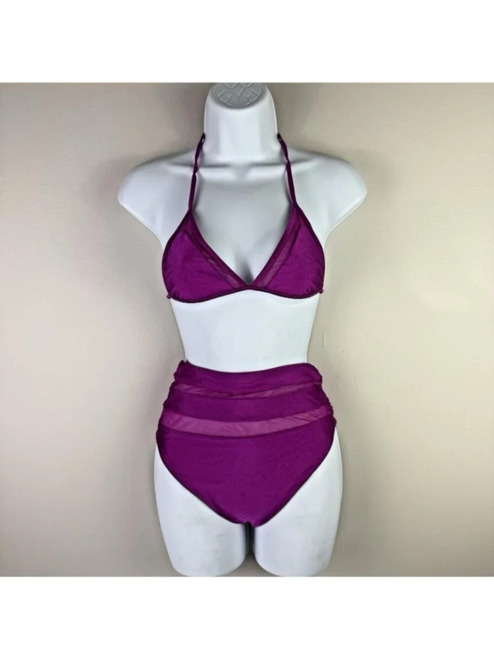 Lovers Friends Revolve Magenta Triangle Halter High Waist Mesh Bikini Set XS - Picture 3 of 7
